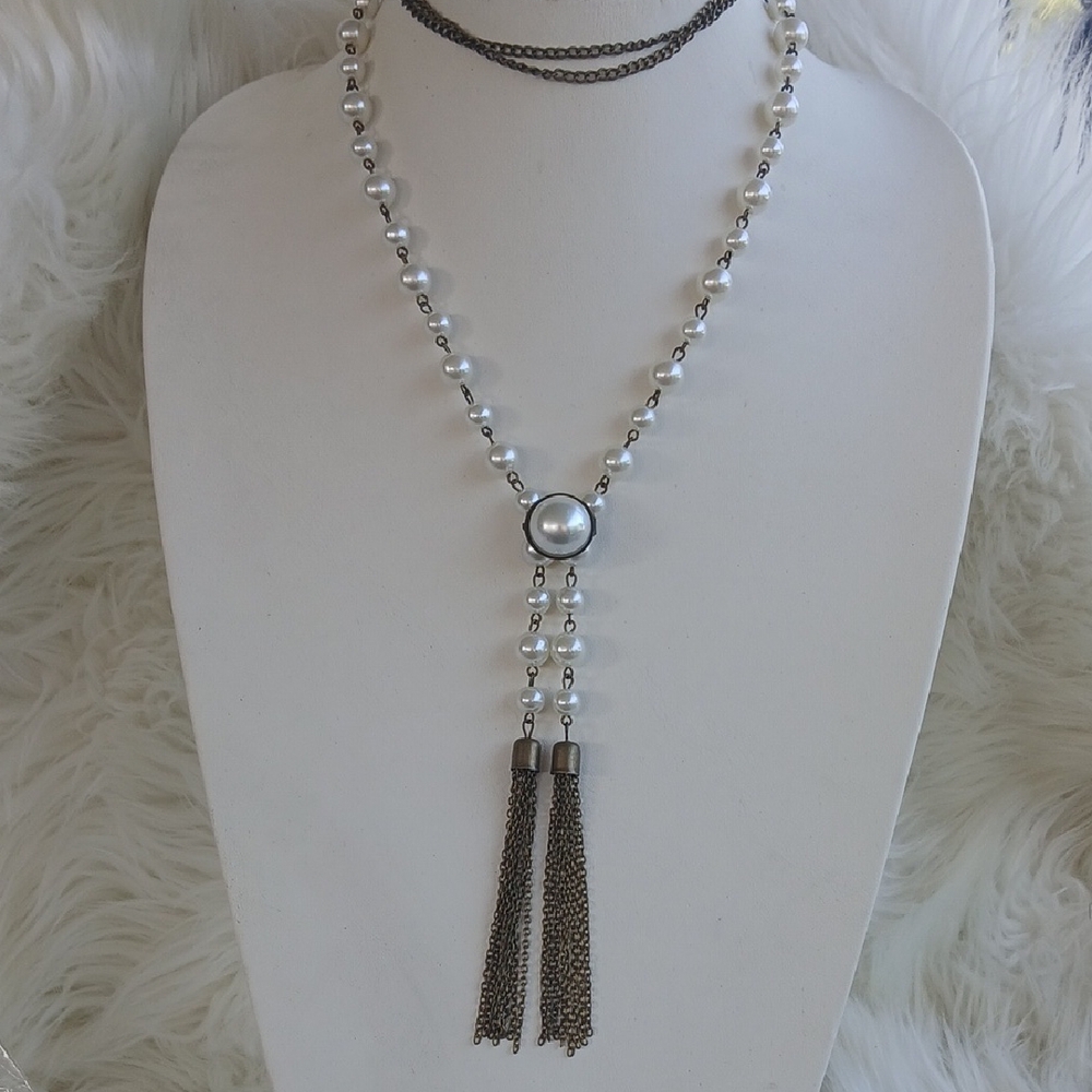 Paparazzi White Pearl and Brass Chain Necklace LONG